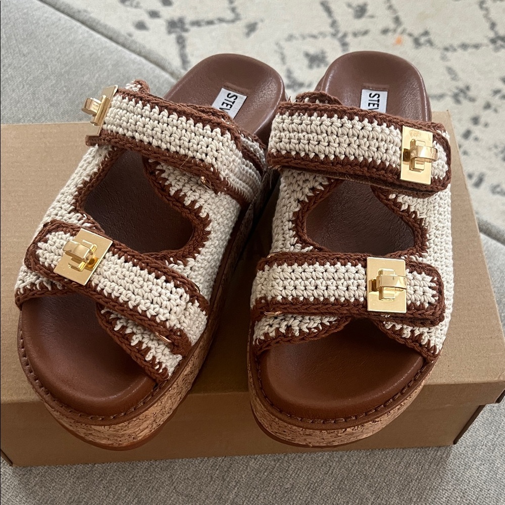 Steve Madden Tan and Cream Crochet Sandals